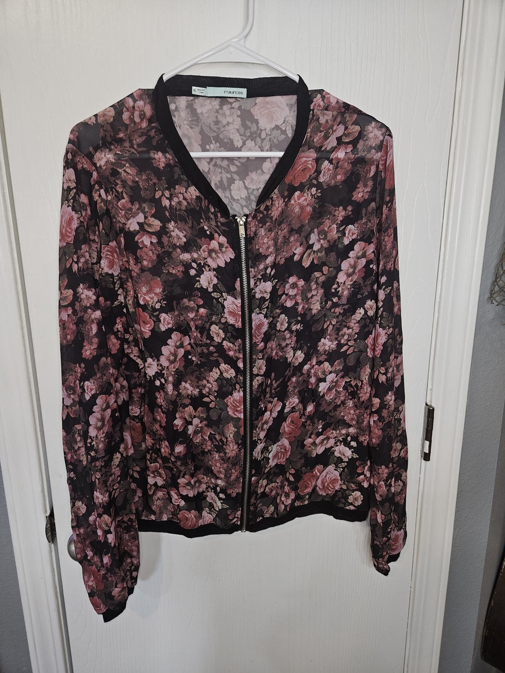 Maurices Black Floral Zip-Front Bomber Blouse